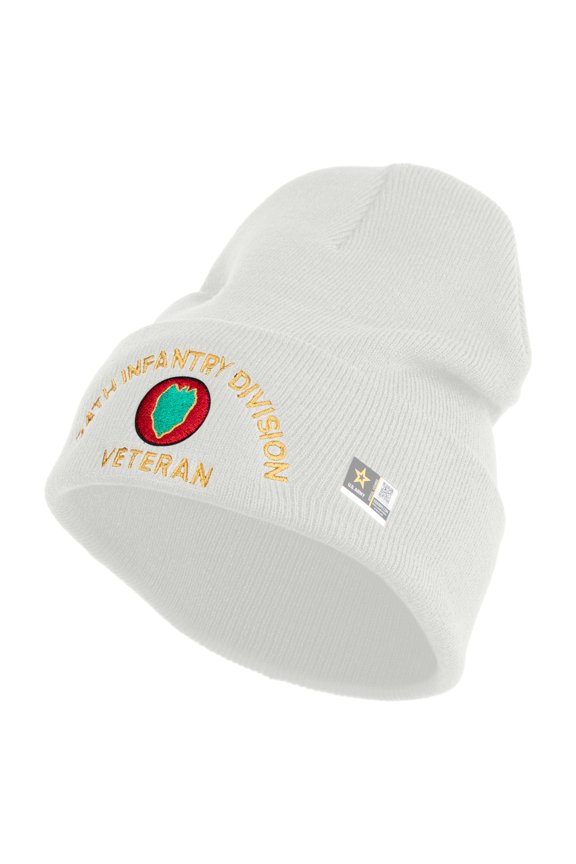 U.S. Army 24th Infantry Division Logo Embroidered 12 Inch Solid Knit Cuff Long Beanie Made in USA - White OSFM