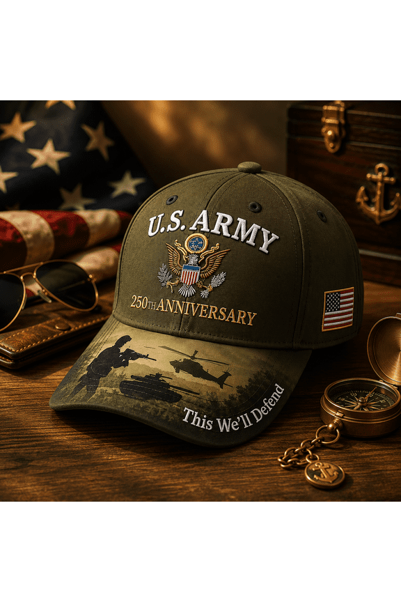 U.S. Army 250th Anniversary Commemorative Embroidered Cap Military Tribute Baseball Hat with Eagle Flag Soldier Tank Helicopter Brim Design for Veterans and Collectors