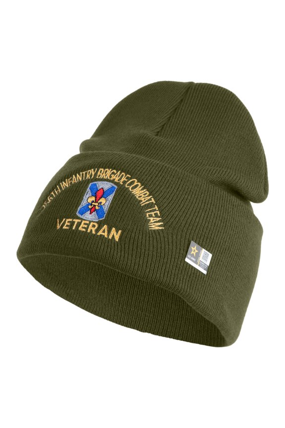 U.S. Army 256th Infantry Brigade Combat Team Logo Embroidered 12 Inch Solid Knit Cuff Long Beanie Made in USA - Olive OSFM