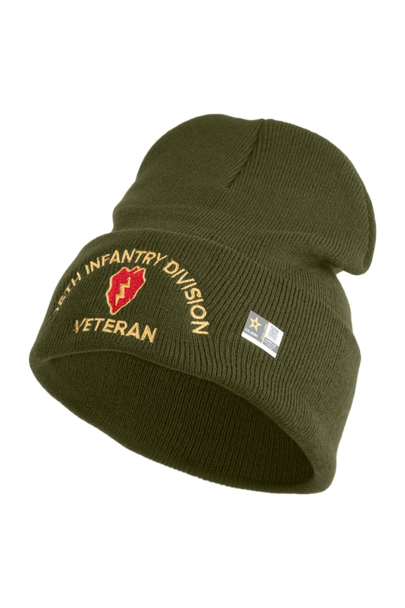 U.S. Army 25th Infantry Division Logo Embroidered 12 Inch Solid Knit Cuff Long Beanie Made in USA - Olive OSFM