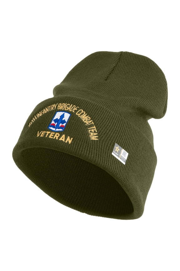U.S. Army 29th Infantry Brigade Combat Team Logo Embroidered 12 Inch Solid Knit Cuff Long Beanie Made in USA - Olive OSFM