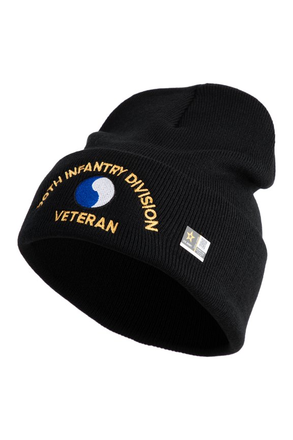 U.S. Army 29th Infantry Division Logo Embroidered 12 Inch Solid Knit Cuff Long Beanie Made in USA - Black OSFM