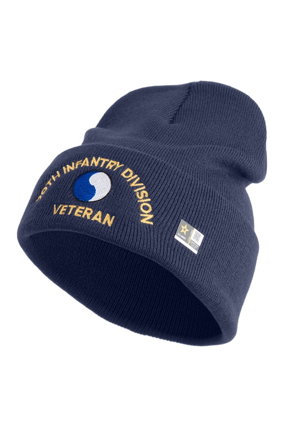 U.S. Army 29th Infantry Division Logo Embroidered 12 Inch Solid Knit Cuff Long Beanie Made in USA - Navy OSFM