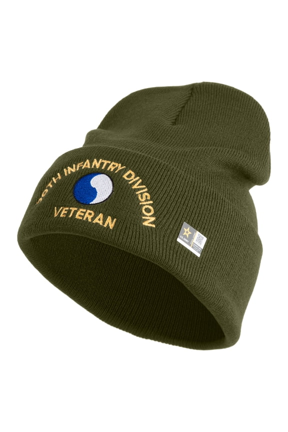 U.S. Army 29th Infantry Division Logo Embroidered 12 Inch Solid Knit Cuff Long Beanie Made in USA - Olive OSFM