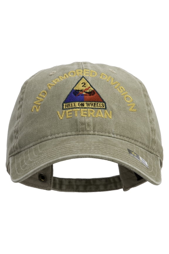 U.S. Army 2nd Armored Division Embroidered Washed Solid Pigment Dyed Cotton Twill Brass Buckle Cap - Khaki OSFM