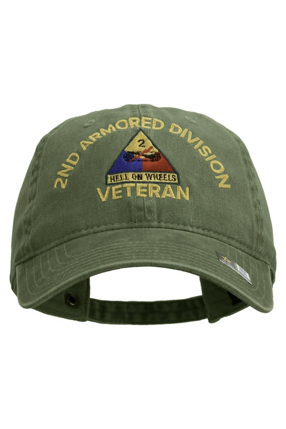 U.S. Army 2nd Armored Division Embroidered Washed Solid Pigment Dyed Cotton Twill Brass Buckle Cap - Olive OSFM