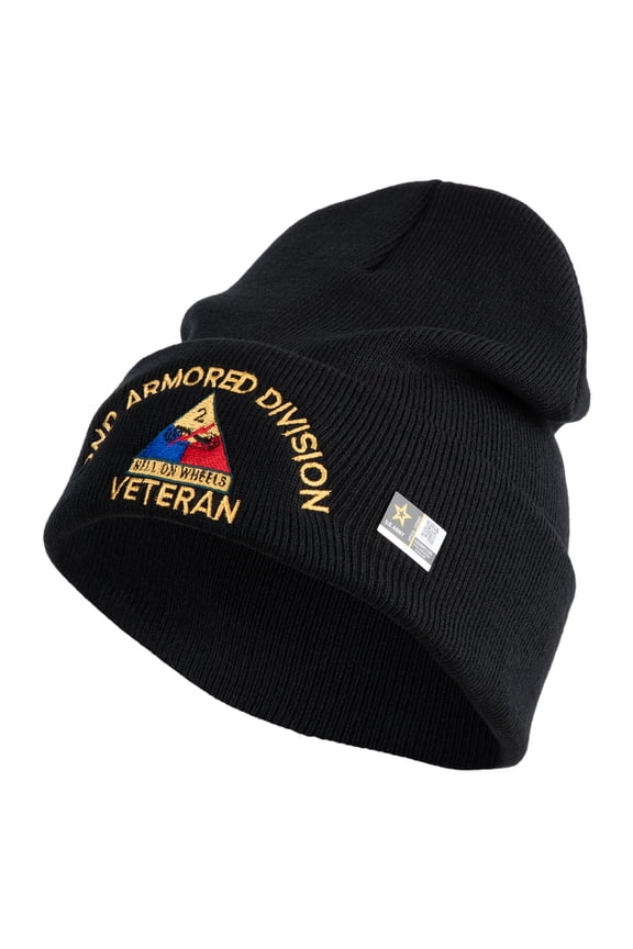 U.S. Army 2nd Armored Division Logo Embroidered 12 Inch Solid Knit Cuff Long Beanie Made in USA - Black OSFM