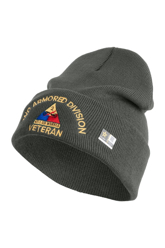 U.S. Army 2nd Armored Division Logo Embroidered 12 Inch Solid Knit Cuff Long Beanie Made in USA - Charcoal OSFM