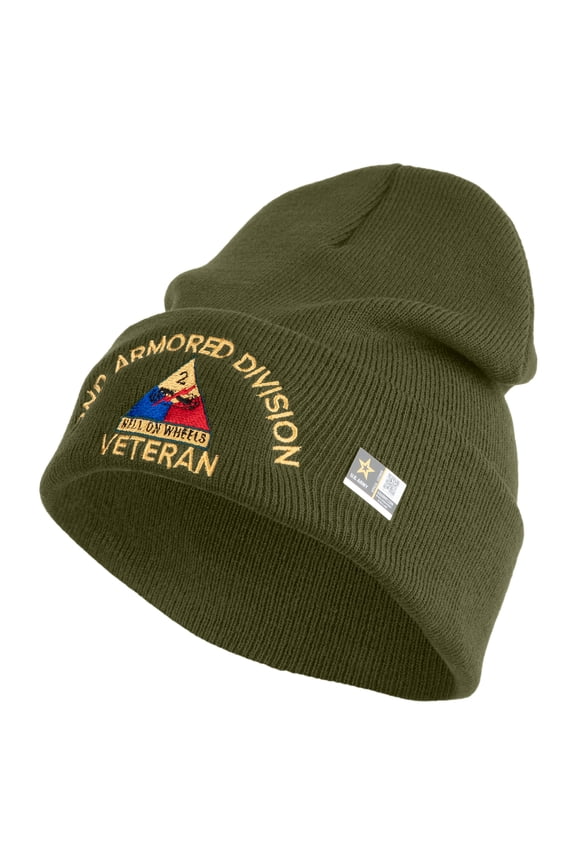 U.S. Army 2nd Armored Division Logo Embroidered 12 Inch Solid Knit Cuff Long Beanie Made in USA - Olive OSFM