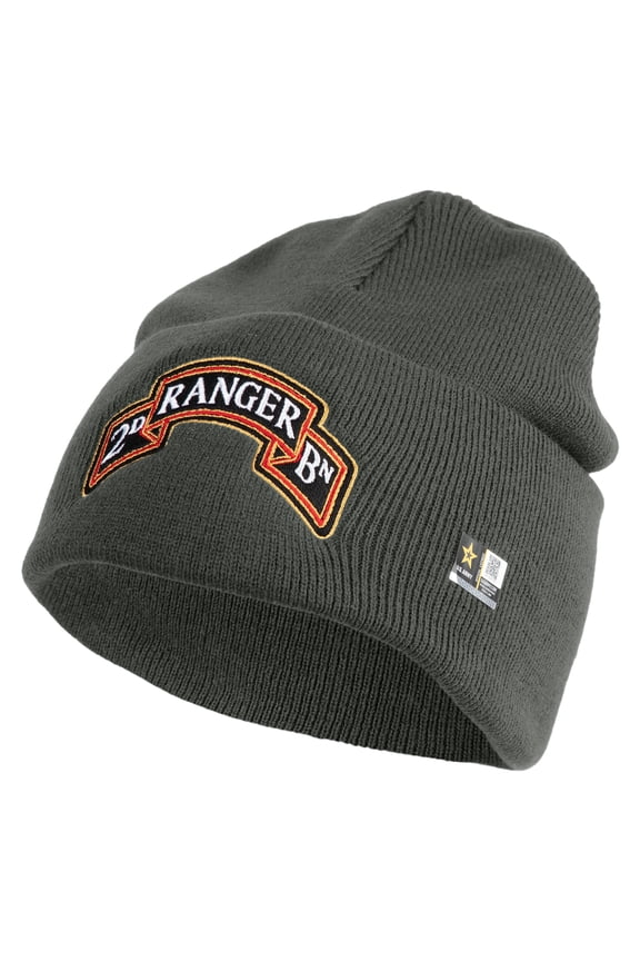 U.S. Army 2nd Ranger Battalion Logo Embroidered 12 Inch Solid Knit Cuff Long Beanie Made in USA - Charcoal OSFM