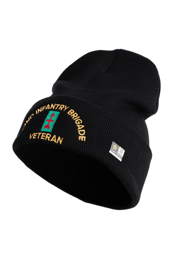 U.S. Army 32nd Infantry Brigade Logo Embroidered 12 Inch Solid Knit Cuff Long Beanie Made in USA - Black OSFM