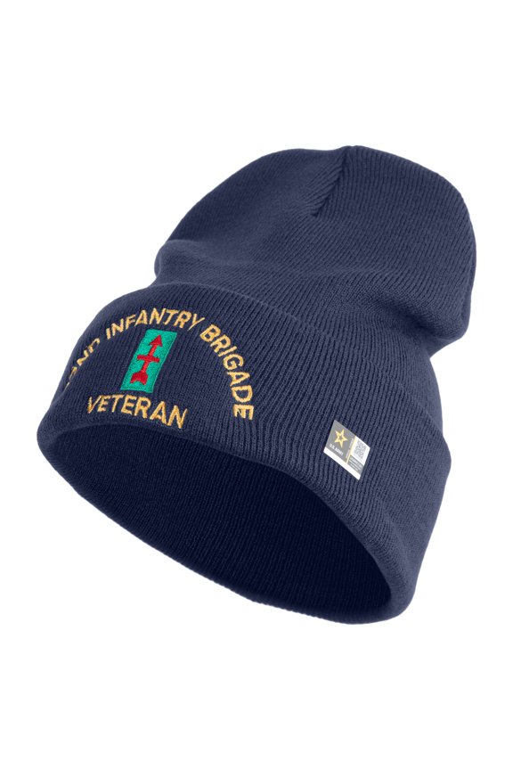 U.S. Army 32nd Infantry Brigade Logo Embroidered 12 Inch Solid Knit Cuff Long Beanie Made in USA - Navy OSFM