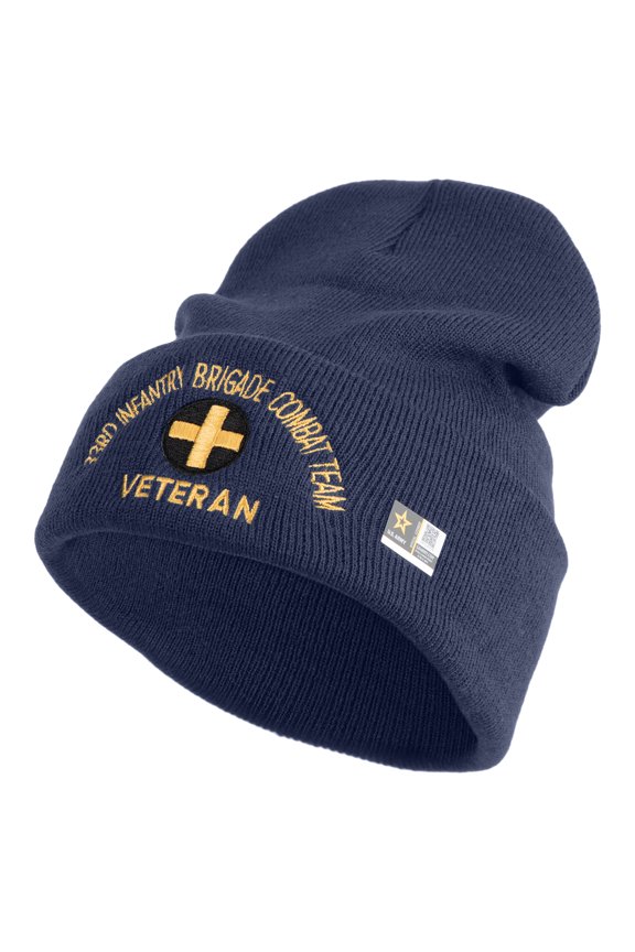 U.S. Army 33rd Infantry Brigade Combat Team Logo Embroidered 12 Inch Solid Knit Cuff Long Beanie Made in USA - Navy OSFM