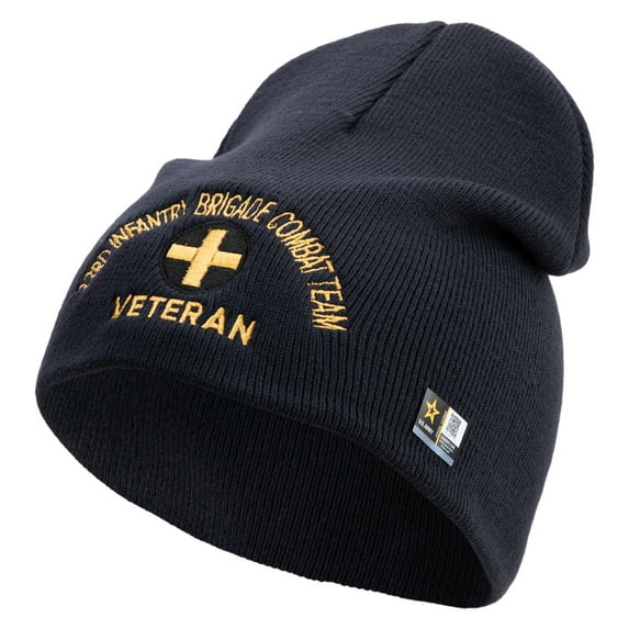 U.S. Army 33rd Infantry Brigade Combat Team Symbol Embroidered 8 Inch Solid Knit Short Beanie Made in USA - Navy OSFM