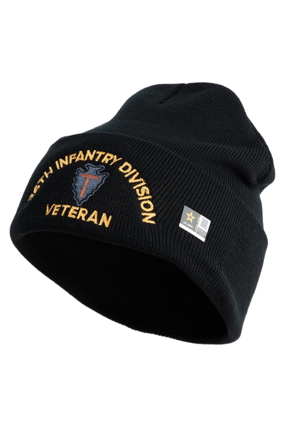 U.S. Army 36th Infantry Division Logo Embroidered 12 Inch Solid Knit Cuff Long Beanie Made in USA - Black OSFM