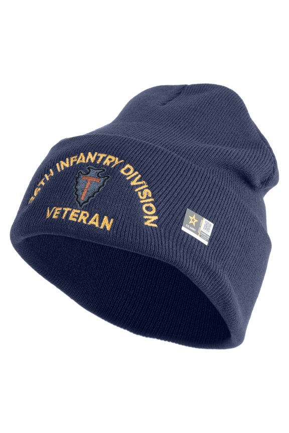 U.S. Army 36th Infantry Division Logo Embroidered 12 Inch Solid Knit Cuff Long Beanie Made in USA - Navy OSFM