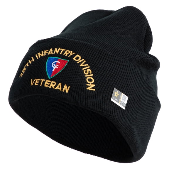 U.S. Army 38th Infantry Division Logo Embroidered 12 Inch Solid Knit Cuff Long Beanie Made in USA - Black OSFM