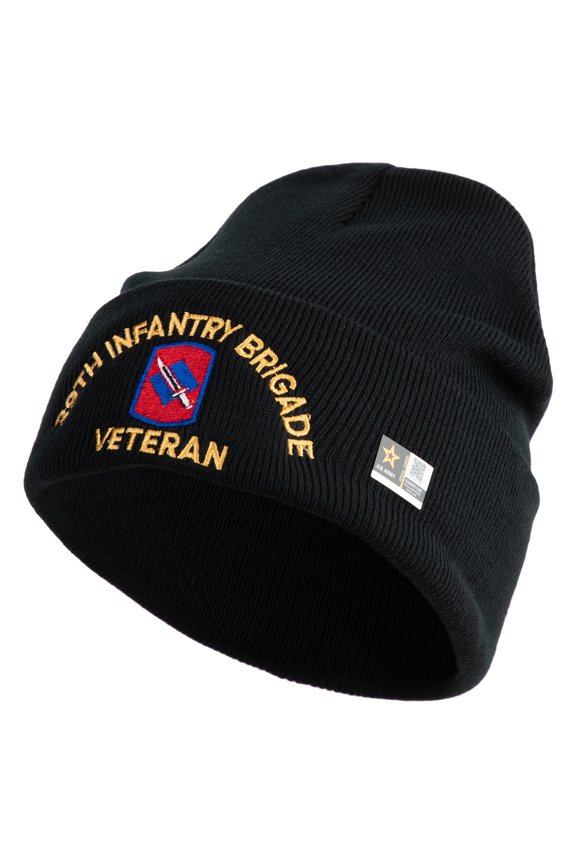 U.S. Army 39th Infantry Brigade Logo Embroidered 12 Inch Solid Knit Cuff Long Beanie Made in USA - Black OSFM