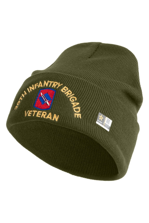 U.S. Army 39th Infantry Brigade Logo Embroidered 12 Inch Solid Knit Cuff Long Beanie Made in USA - Olive OSFM