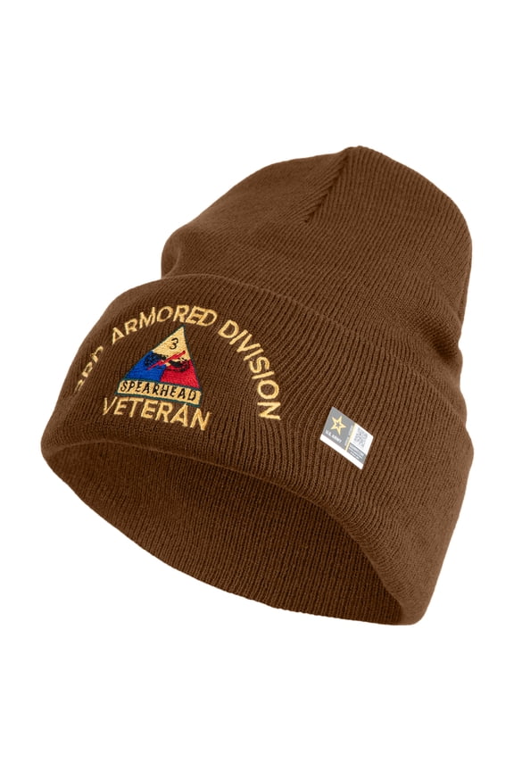 U.S. Army 3rd Armored Division Logo Embroidered 12 Inch Solid Knit Cuff Long Beanie Made in USA - Coyote Brown OSFM