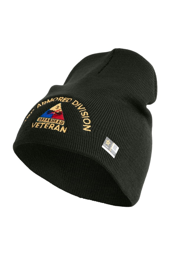 U.S. Army 3rd Armored Division Symbol Embroidered 8 Inch Solid Knit Short Beanie Made in USA - Graphite OSFM