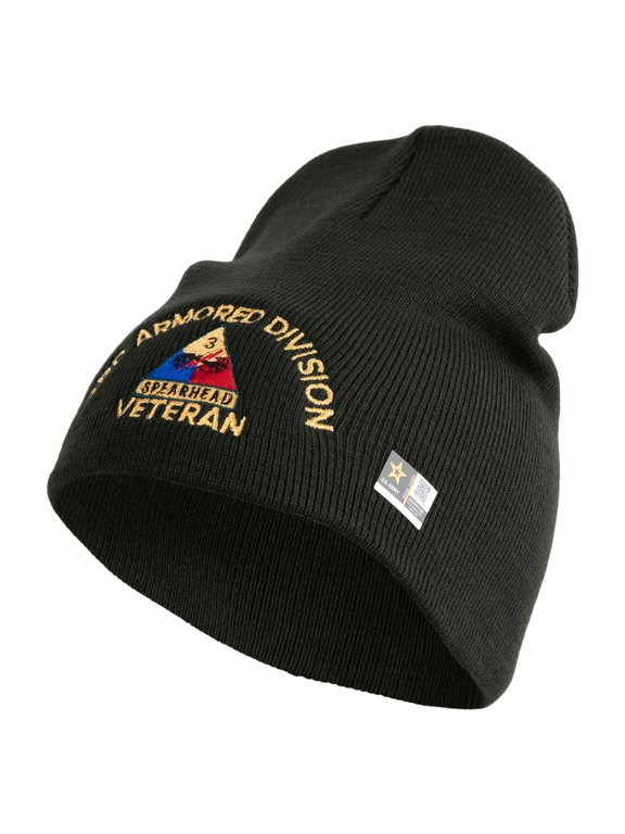 U.S. Army 3rd Armored Division Symbol Embroidered 8 Inch Solid Knit Short Beanie Made in USA - Graphite OSFM