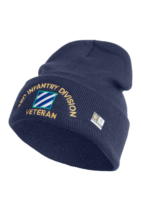 U.S. Army 3rd Infantry Division Logo Embroidered 12 Inch Solid Knit Cuff Long Beanie Made in USA - Navy OSFM