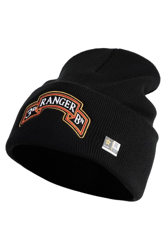 U.S. Army 3rd Ranger Battalion Logo Embroidered 12 Inch Solid Knit Cuff Long Beanie Made in USA - Black OSFM