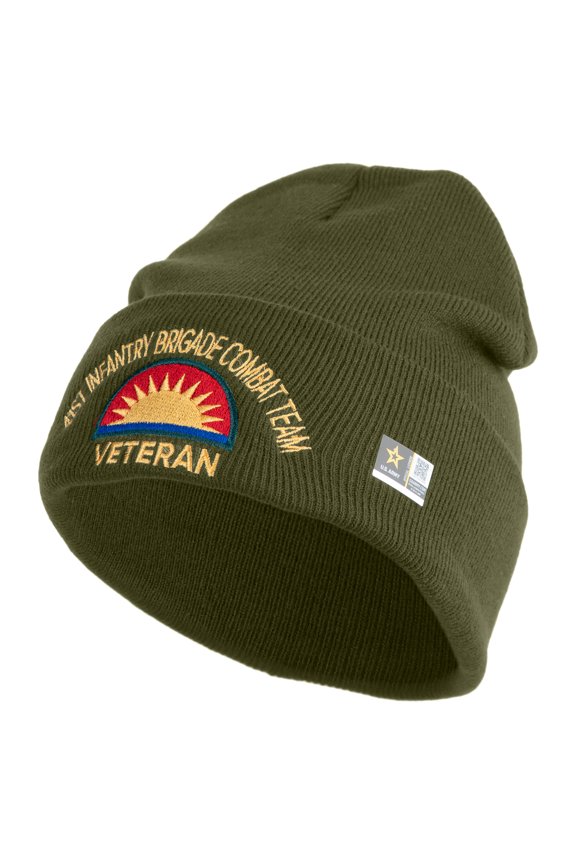 U.S. Army 41st Infantry Brigade Combat Team Logo Embroidered 12 Inch Solid Knit Cuff Long Beanie Made in USA - Olive OSFM