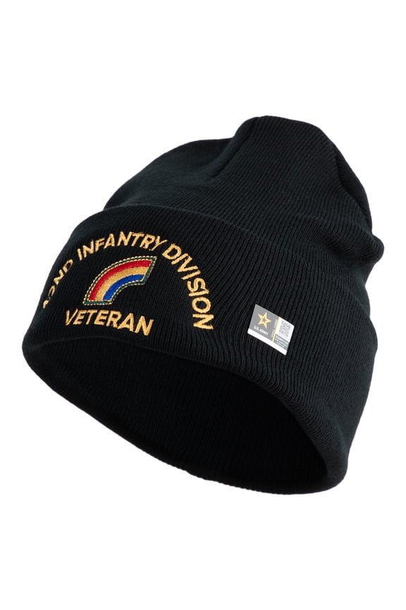 U.S. Army 42nd Infantry Division Logo Embroidered 12 Inch Solid Knit Cuff Long Beanie Made in USA - Black OSFM