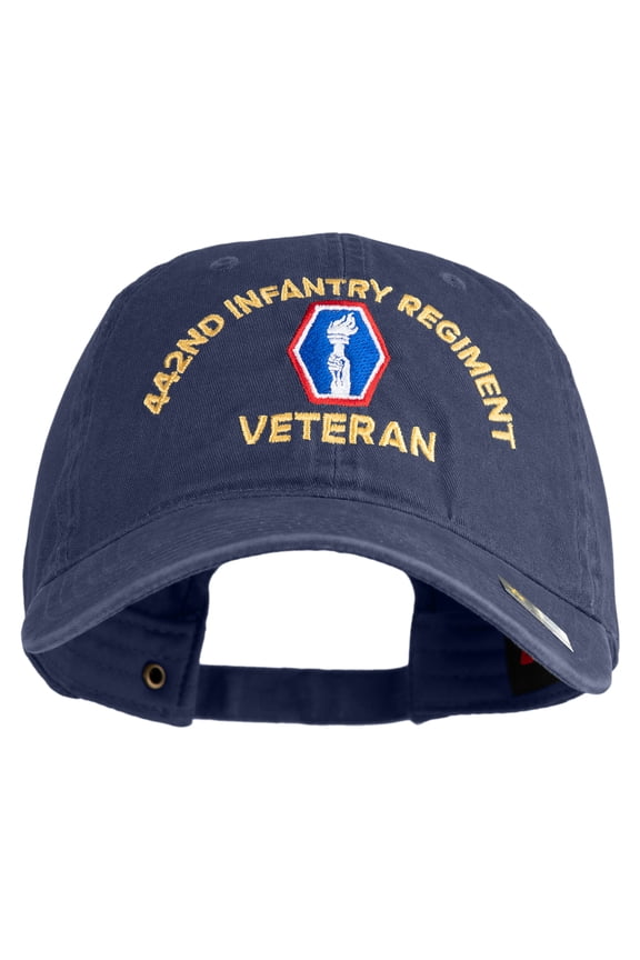 U.S. Army 442nd Infantry Regiment Embroidered Washed Solid Pigment Dyed Cotton Twill Brass Buckle Cap - Navy OSFM