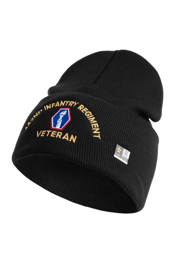 U.S. Army 442nd Infantry Regiment Logo Embroidered 12 Inch Solid Knit Cuff Long Beanie Made in USA - Black OSFM
