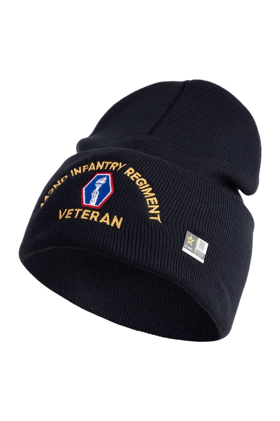 U.S. Army 442nd Infantry Regiment Logo Embroidered 12 Inch Solid Knit Cuff Long Beanie Made in USA - Navy OSFM