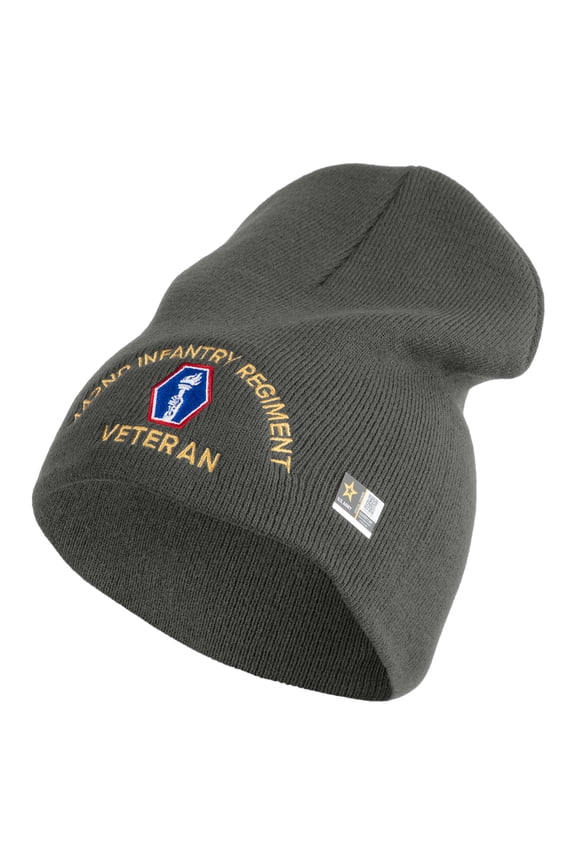 U.S. Army 442nd Infantry Regiment Symbol Embroidered 8 Inch Solid Knit Short Beanie Made in USA - Charcoal OSFM