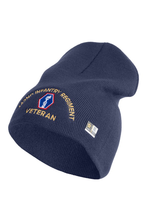 U.S. Army 442nd Infantry Regiment Symbol Embroidered 8 Inch Solid Knit Short Beanie Made in USA - Navy OSFM