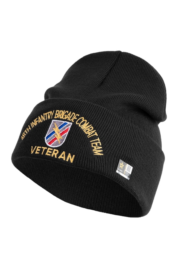 U.S. Army 48th Infantry Brigade Combat Team Logo Embroidered 12 Inch Solid Knit Cuff Long Beanie Made in USA - Black OSFM