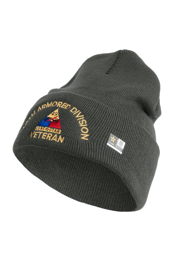 U.S. Army 49th Armored Division Logo Embroidered 12 Inch Solid Knit Cuff Long Beanie Made in USA - Charcoal OSFM