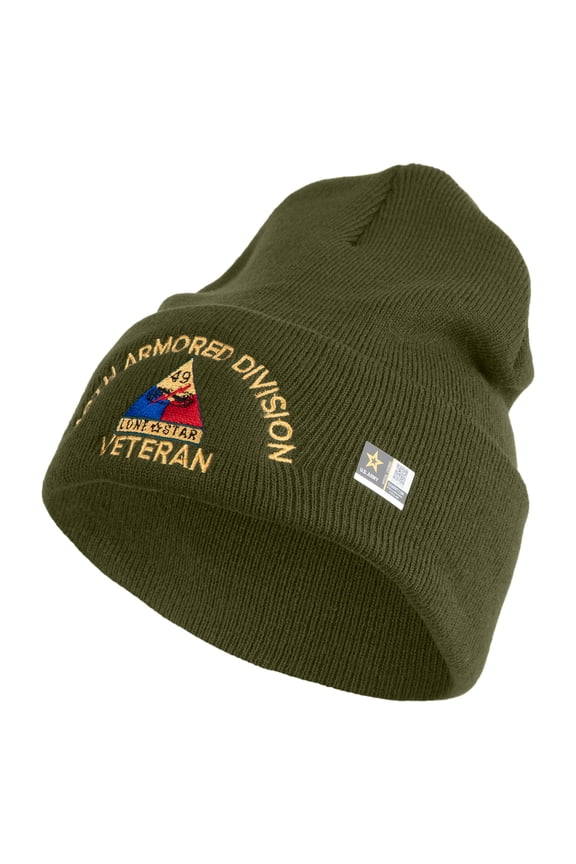 U.S. Army 49th Armored Division Logo Embroidered 12 Inch Solid Knit Cuff Long Beanie Made in USA - Olive OSFM