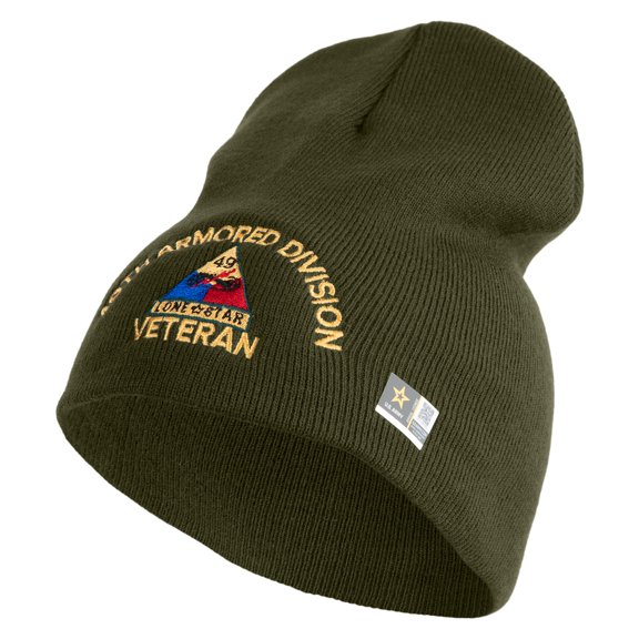 U.S. Army 49th Armored Division Symbol Embroidered 8 Inch Solid Knit Short Beanie Made in USA - Olive OSFM