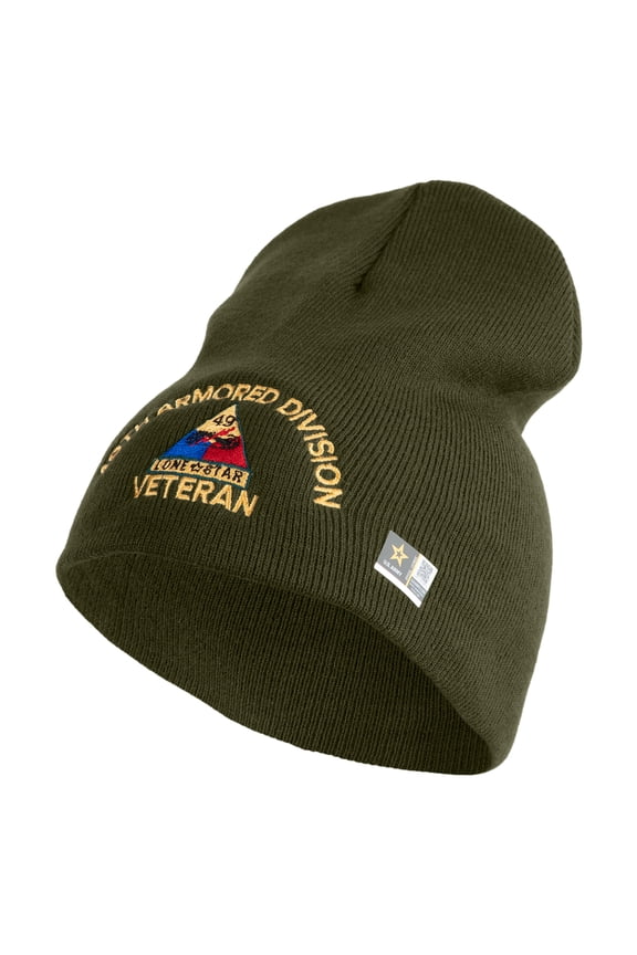 U.S. Army 49th Armored Division Symbol Embroidered 8 Inch Solid Knit Short Beanie Made in USA - Olive OSFM