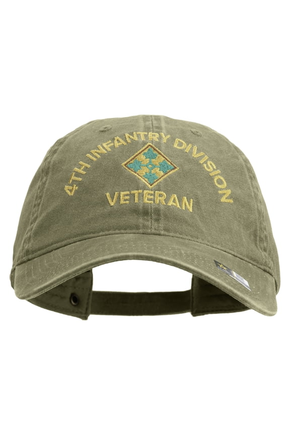 U.S. Army 4th Infantry Division Embroidered Washed Solid Pigment Dyed Cotton Twill Brass Buckle Cap - Khaki OSFM