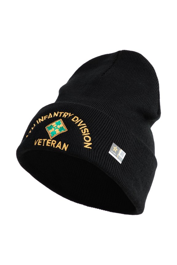 U.S. Army 4th Infantry Division Logo Embroidered 12 Inch Solid Knit Cuff Long Beanie Made in USA - Black OSFM