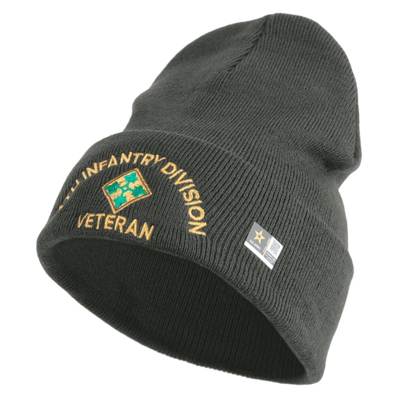 U.S. Army 4th Infantry Division Logo Embroidered 12 Inch Solid Knit Cuff Long Beanie Made in USA - Charcoal OSFM