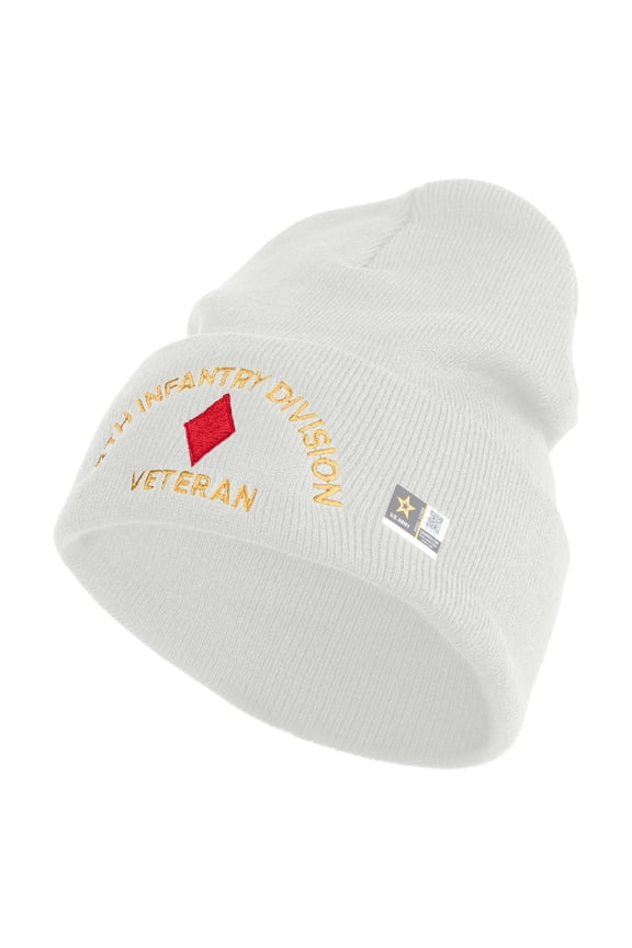 U.S. Army 5th Infantry Division Logo Embroidered 12 Inch Solid Knit Cuff Long Beanie Made in USA - White OSFM