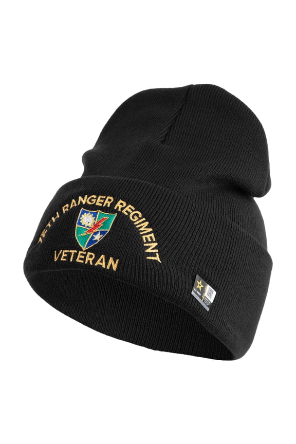 U.S. Army 75 Ranger Regiment Logo Embroidered 12 Inch Solid Knit Cuff Long Beanie Made in USA - Black OSFM