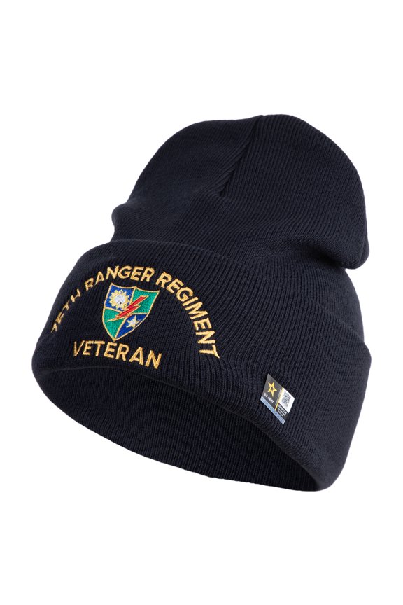 U.S. Army 75 Ranger Regiment Logo Embroidered 12 Inch Solid Knit Cuff Long Beanie Made in USA - Navy OSFM
