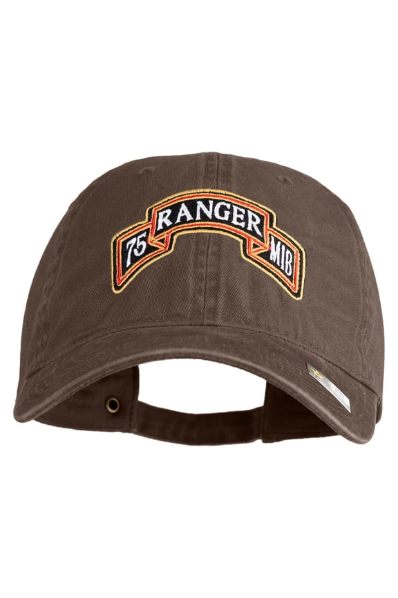 U.S. Army 75th Ranger Military Intelligence Battalion Embroidered Washed Solid Pigment Dyed Cotton Twill Brass Buckle Cap - Brown OSFM