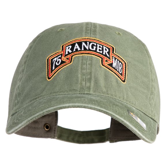 U.S. Army 75th Ranger Military Intelligence Battalion Embroidered Washed Solid Pigment Dyed Cotton Twill Brass Buckle Cap - Olive OSFM