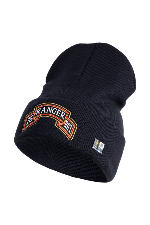 U.S. Army 75th Ranger Regiment Logo Embroidered 12 Inch Solid Knit Cuff Long Beanie Made in USA - Navy OSFM