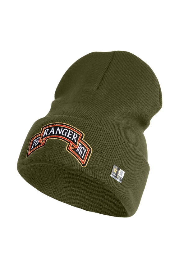U.S. Army 75th Ranger Regiment Logo Embroidered 12 Inch Solid Knit Cuff Long Beanie Made in USA - Olive OSFM